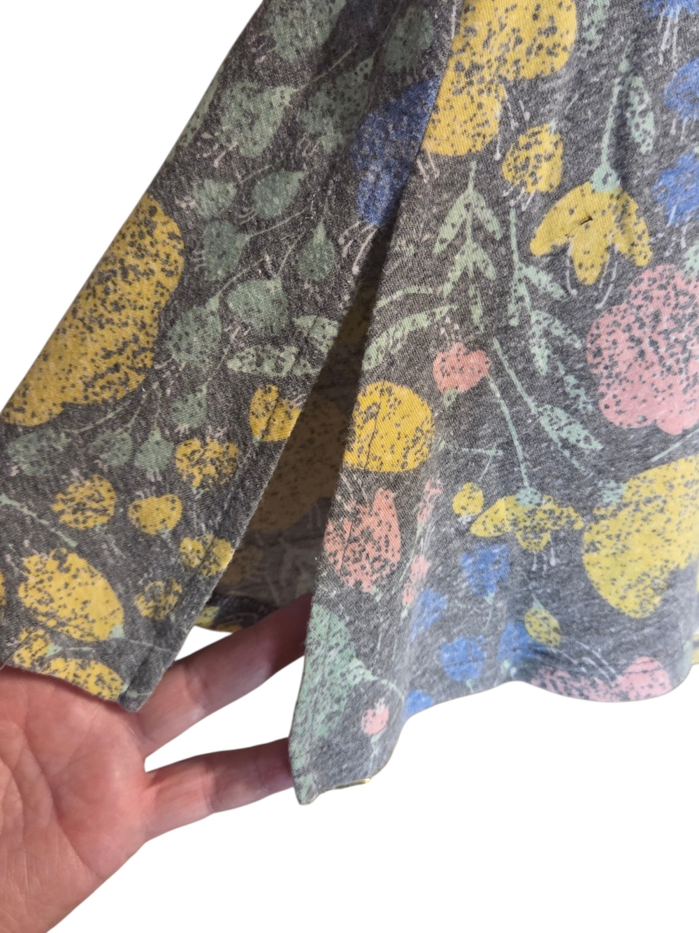 LuLaRoe Gray Floral Scoop Neck Tee with Yellow Trim and Pastel Accents - Picture 5 of 6